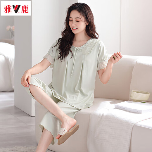 雅鹿新款睡衣女夏季带胸垫棉短袖七分裤高级感公主风可外穿家居服套装 695绿色 XL 120-140斤