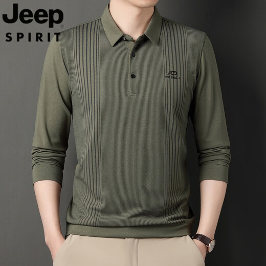 JEEP SPIRIT吉普春秋装条纹印花爸爸长袖T恤男棉翻领大码上衣中年男纯棉打底 826灰色 2XL 180/120(160-180斤)