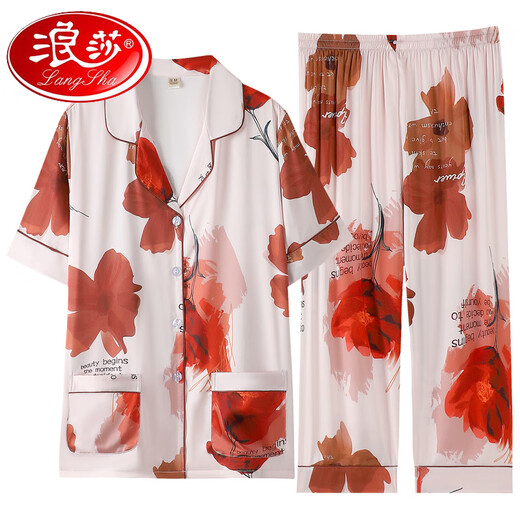 Langsha 2025 sinnlicher Pyjama-Sommer-Sommer-Kurzarm-Kurzhose Seidenmutter Revers Home Clothing Set Outdoor MD983 M [Vorgeschlagen 80-100jin [Jin ist 0,5 kg]]