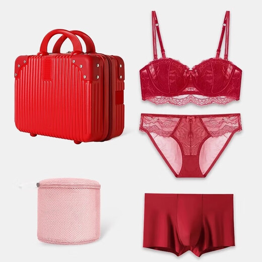 Miss Polly wedding underwear underwear bride and groom couple set sexy lace small breast push up men and girls summer thin style women's underwear set + men's underwear + package A 70A men's underwear L (90-110Jin Jin equals 0.5 kg)