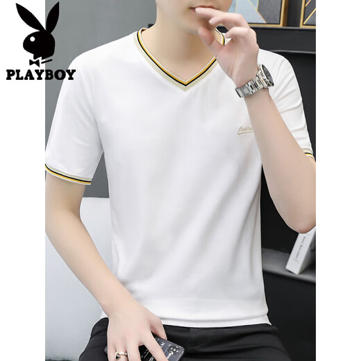 花花公子（PLAYBOY）2025夏季新款莫代尔棉冰丝薄款透气纯棉白色男士短袖V领t恤男上衣 Q691白色 M 适合：100-115斤