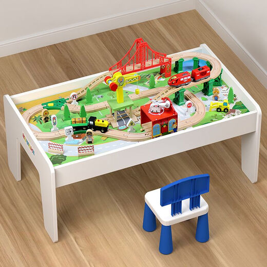 Edwone Wooden Track Car Trevate Controw Train en bois pour enfants Table jouet en bois garçon grand assemblage de particules Table de bloc de construction Table bleu + couverture + Crane Hillside Standard Official Standard