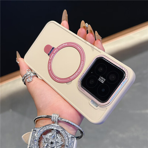 Pinaiyou is suitable for Xiaomi 14 mobile phone case, simple solid color magnetic charging stand, xiaomi15pro skin-feeling silicone anti-protective cover, 13por metal frame hard shell for men and women, new style, milk tea color, Xiaomi 15