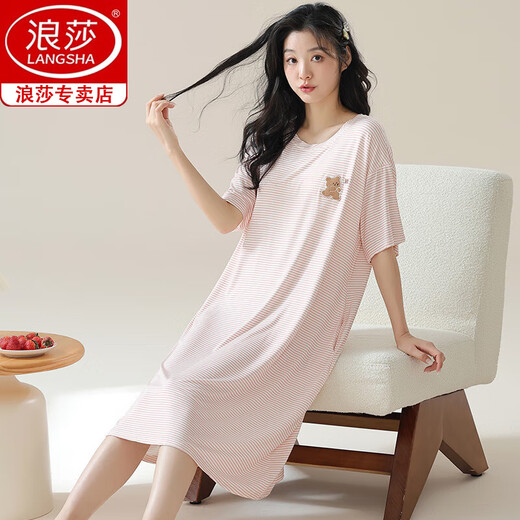 
Langsha nightgown with chest pad for women for women for summer modal short sleeves mid-length internet celebrity style large size summer striped ice silk pajamas for women for women A-11774 [Modal with chest pad] L women