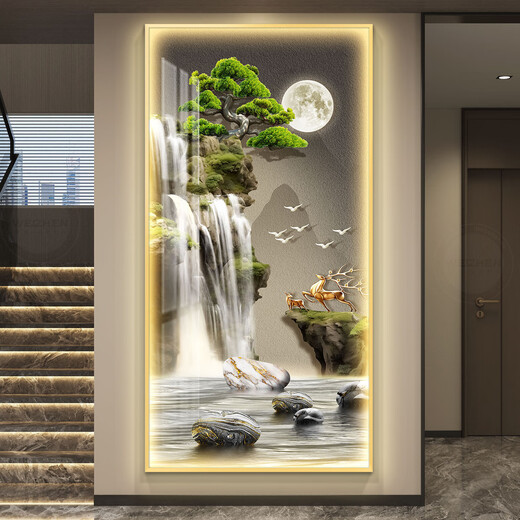 
TURBOSUN entrance painting with lights with high-end modern simple matte welcome guest pine light luxury lamp entrance decoration painting corridor CN-7170-Flowing water to make money 100*200 light luxury golden border [intelligent direct insert le