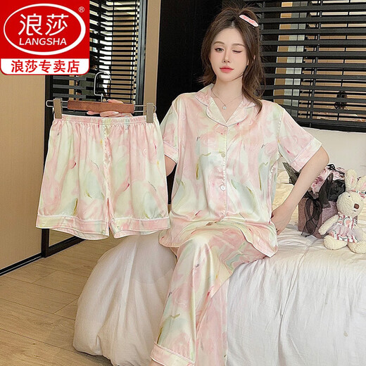 
Langsha 2025 summer new ice silk pajamas for women with high-end three-piece short-sleeved shorts trousers pajamas home clothing set B684# (short-sleeved/+shorts + trousers) 2XL (recommended 135-160Jin [Jin equals 0.5 kg])