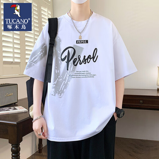 Woodpecker Short-sleeved T-shirt Men's Summer Trend Brand Letter Print Round Neck Half Sleeve American Casual Cotton Rotary Sleeve Loose T-shirt 693 Beige XL [Suggested 120-140Jin [Jin equals 0.5 kg]]