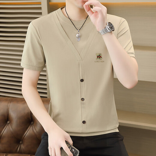 Woodpecker (Tucano) Design kurzärmelig T-Shirt Herren 2025 Sommer Neues leichter Luxus-Baumwoll-Basishemd gefälschter zweiteiliger runder Hals Top 6626 Schwarz 2xl 135-150Jin [Jin entspricht 0,5 kg]