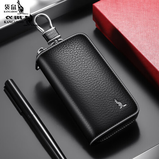 袋鼠男士钥匙包真皮新款随身锁匙包多功能牛皮汽车钥匙收纳包 黑色