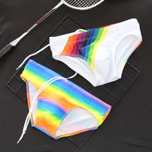 Manson Snow Lotus Summer Swimming Pants Rainbow Stripe Print Low Waist Men's Triangle Swimming Pants Cup Anti-Embarrassing Tie Beach Pants Men's Rainbow Orchid With Letters Free Cup XL
