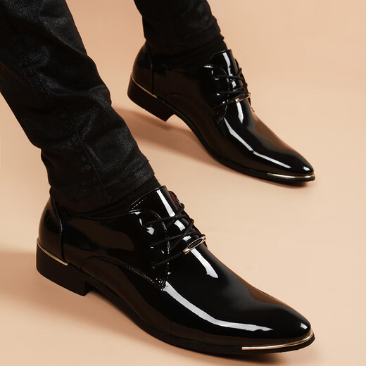 NEWMDER International Brand Luxury Men's Leather Shoes Men's Pointed Toe Bright Leather Business Casual Formal Breathable Inner Height Leather Shoes High-end Black Inner Height (Ready Stock) 41