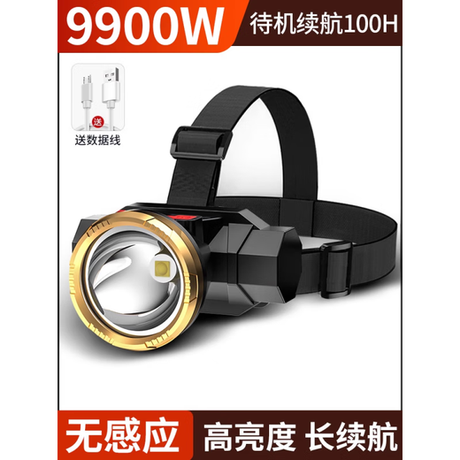 Er Jiagong Nachtfischerei-Scheinwerfer Hight Lading Lading Hell Head montiert im Freien Taschenlampe Bergbau Licht Spezielle Induktion ohne Erfassung 9900W100 Stunden USB Direct Lading Single Lithium