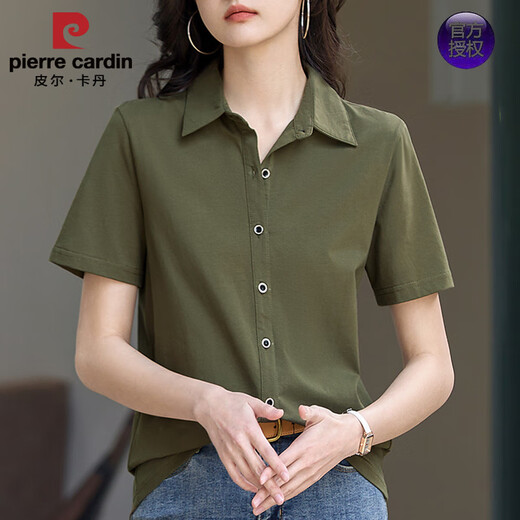 皮尔卡丹（pierre cardin）春夏新款纯棉衬衫女POLO领纯色短袖t恤百搭显瘦开衫半袖职业上衣 9887蓝色 (短袖) S 建议80-95斤
