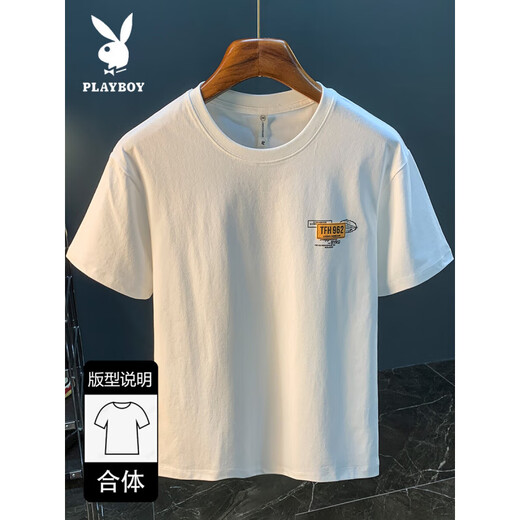 Playboy (PLAYBOY) white T-shirt men's summer new high-end trend printed T-shirt American light luxury Xinjiang cotton comfortable short-sleeved T-shirt black [JSW9906 black] M suitable for 90-108Jin [Jin equals 0.5 kg] wear