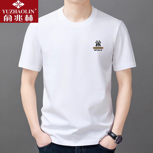 俞兆林高档男士100纯棉短袖t恤夏宽松中爸爸长袖体恤时尚休闲圆领打底衫 Y9929白色NY XL 135-150斤穿