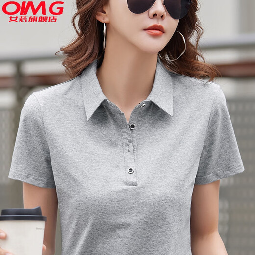 OIMG纯棉翻领短袖紫色t恤女夏装新款polo领纽扣宽松休闲运动半袖上衣 9853白色 (袖短)- S 建议80-95斤