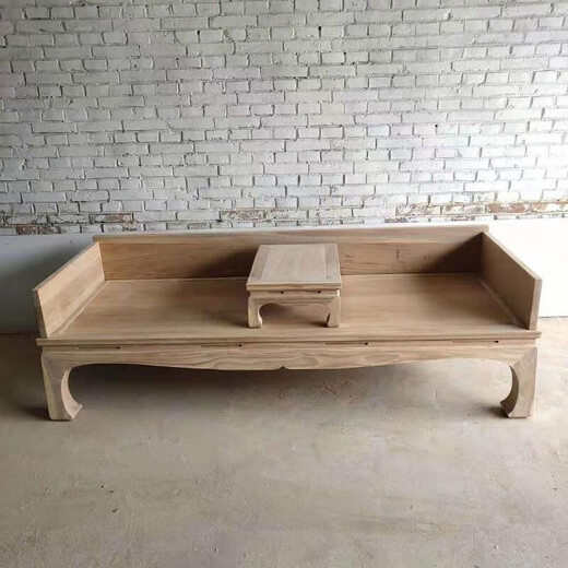 北方老榆木新中式实木罗汉床白茬简约沙发床客厅小户型简约贵妃床 款12200*90*42坐高+炕桌 白茬/ 1.2米以下