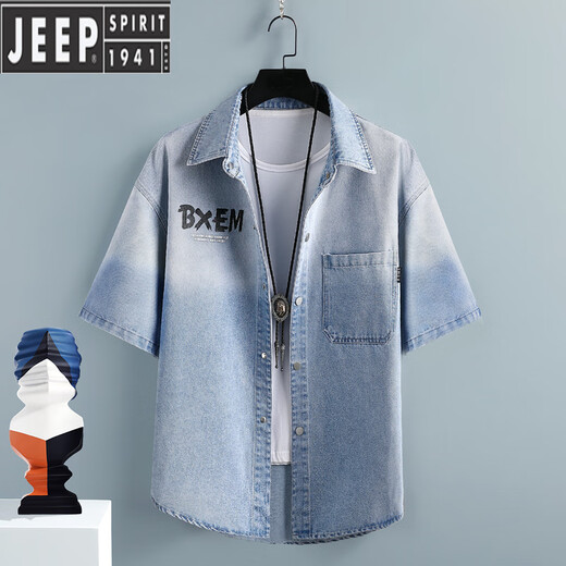 JEEP SPIRIT牛仔短袖衬衫男士休闲宽松渐变工装外套夏季薄款五分半袖百搭衬衣 T698黑色 3XL (约170-190斤可穿)