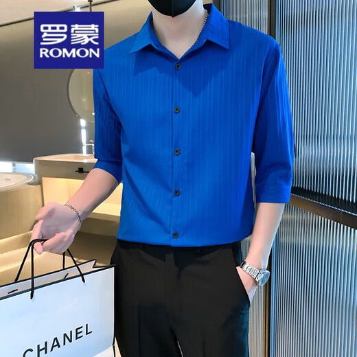 ROMON (ROMON) Camisa de manga corta de manga corta para hombres, seda de hielo de verano, camisa fría y de manga pequeña, estilo coreano de moda.