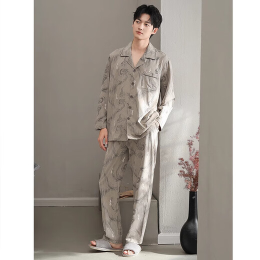 HWHE轻奢品牌男士长袖睡衣2025春秋新款休闲薄款可外穿大码家居服套装 13077碳灰 XL 140-160斤