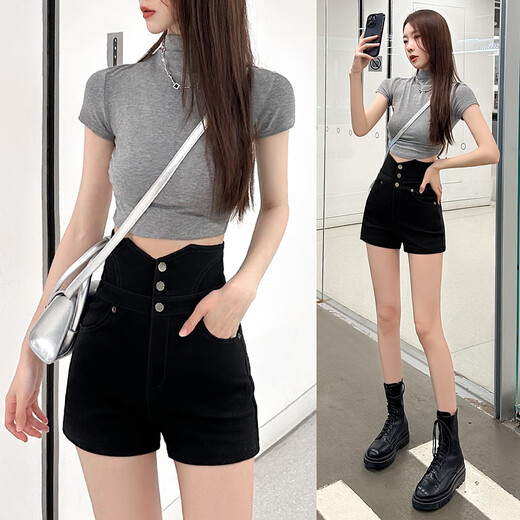 Bu Shuyao High-T-T-T-Shorts für Frauen im Sommer 2025 Neues Stil zum Tragen von A-förmigen Schlagen und Straffing Bauch, um das Bauch heiße Mädchen schwarz heiße Hosen Schwarz zu bedecken, geeignet für 80-95 Jin [Jin entspricht 0,5 kg]