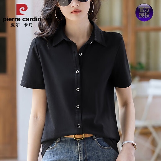 皮尔卡丹（pierre cardin）春夏新款纯棉衬衫女POLO领纯色短袖t恤百搭显瘦开衫半袖职业上衣 9887蓝色 (短袖) S 建议80-95斤