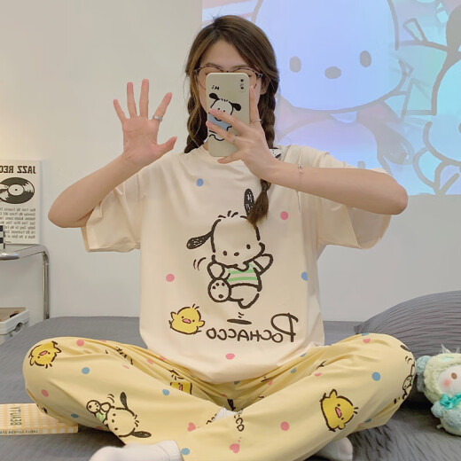 WUJIU (WUJIU) Girl Short Sleeve Long Trousers Summer Junior High School Student Girl Little Bunny Big Child Cute 15 Animation Home Suit 6630# Dog Party M [65-90Jin[Jin equals 0.5 kg]]