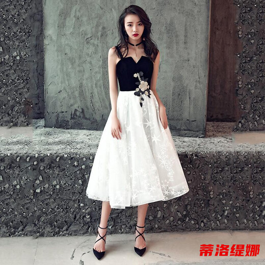 Tilotina evening dress women's mid-length 2019 new banquet birthday party adult ceremony dress cocktail dress small dress 832 black style 2XL