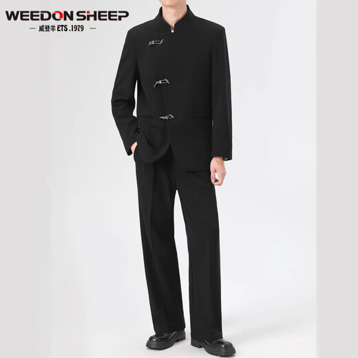 威登羊新中式中山装新郎礼服西装外套男士春秋季潮牌痞帅中国风西服套装 黑外套+黑衬衫+西裤【三件 XL 【高质量】