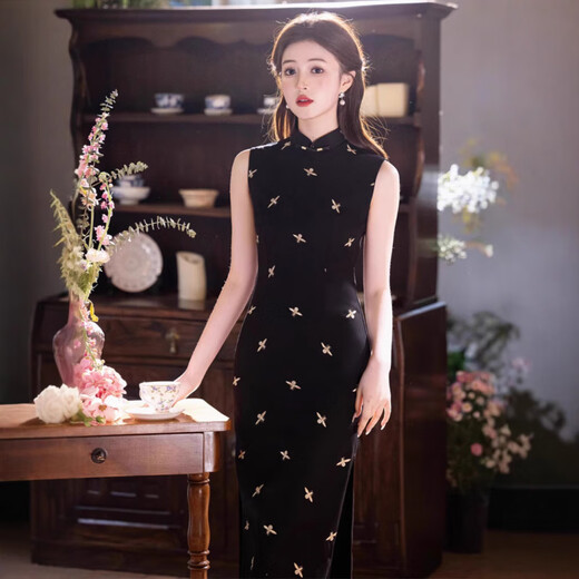 风海有夏2025春夏新款旗袍无袖弹力麻刺绣小蜜蜂中长款旗袍国风修身女旗袍 838 黑金小蜜蜂 M