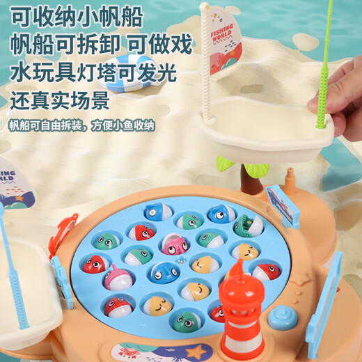 Fishing Toys Automatic Fishing Pool Children's Electric Music Magnetic Fishing Tray Early Education Toys Children's Toys 2 Rod 21 Fish Electric Magnetic Lighthouse Fishing Set