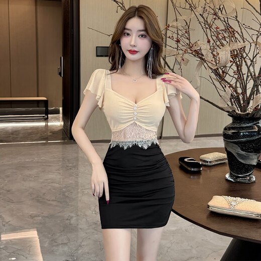 忆静萱（YIJINGXUAN）夜店辣妹性感气质显瘦镂空蕾丝拼接连衣裙纯欲收腰紧身包臀短裙子 白色 XL