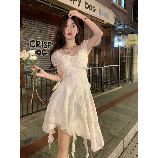 Mu ni französische Temperament Erste Liebe weißes Kleid unregelmäßig weißes Kleid Kleid Sommer Taille-Huging bringt Sie schlank und rein gekräuseltes französisches Erst Liebeskleid [Weiß] M Größe [vorgeschlagen 85-105jin [Jin ist gleich 0,5 kg]]