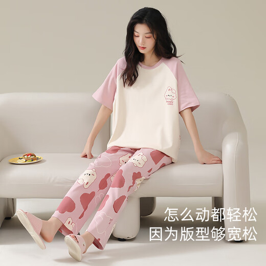 
Catman (MiiOW) 2025 new pajamas for women in summer pure cotton short-sleeved trousers cartoon cute spring and autumn thin summer home clothing set 684B little black bear 2XL (suggested height 168-178cm recommended