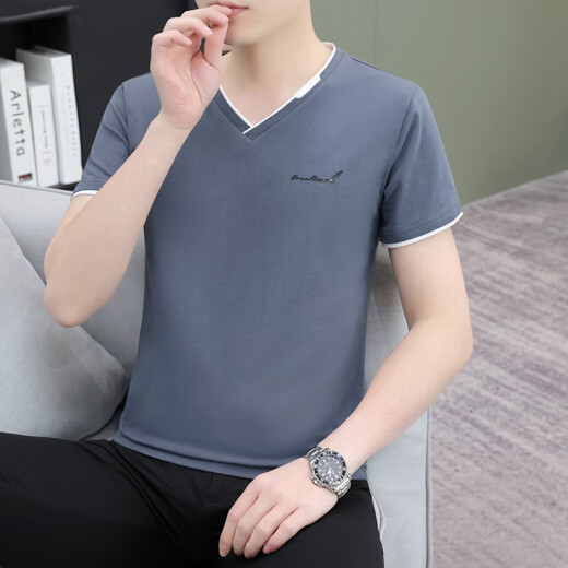 七匹狼（septwolves）夏季纯棉男士短袖恤领薄款修身青年潮流半截袖男休闲鸡心领体恤 深灰色 QY694 M 【95-115斤】