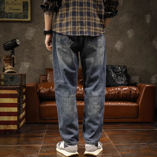 Guxiansen American Jeans Retro Jeans Loose Spring y Autumn Harem Pants elásticos de lavado para hombres Biros largos Azules 32 [135-145Jin [Jin iguala 0.5 kg]]]