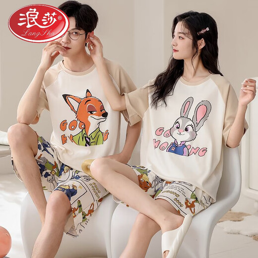 浪莎（LangSha）情侣睡衣纯棉短袖短裤夏季男女甜美可爱卡通大码可外穿家居服套装 旗舰店-687 L 单女
