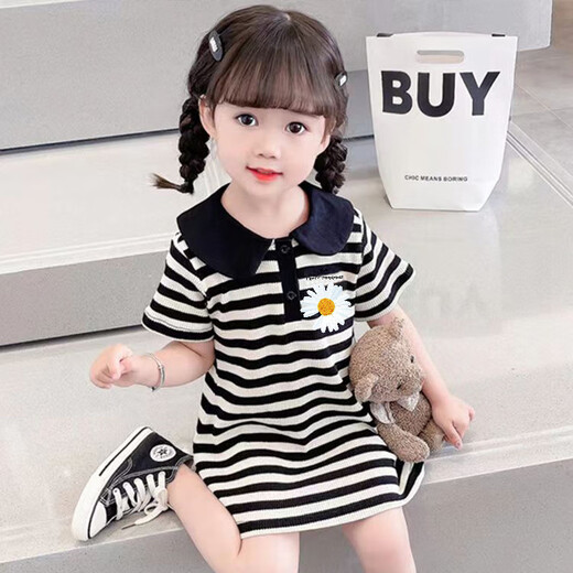 
COLORFUL GEMS girls summer dress 2-3 new style children's Korean style fashion baby summer POLO skirt children's summer skirt black and white TX9207 dress 80 small