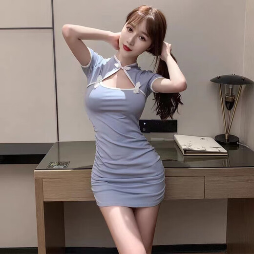 欲动夜场性感女装显瘦夜店性感连衣裙洗浴按摩采耳短裙旗袍技师工作服 粉色 2XL 【建议128-138斤】