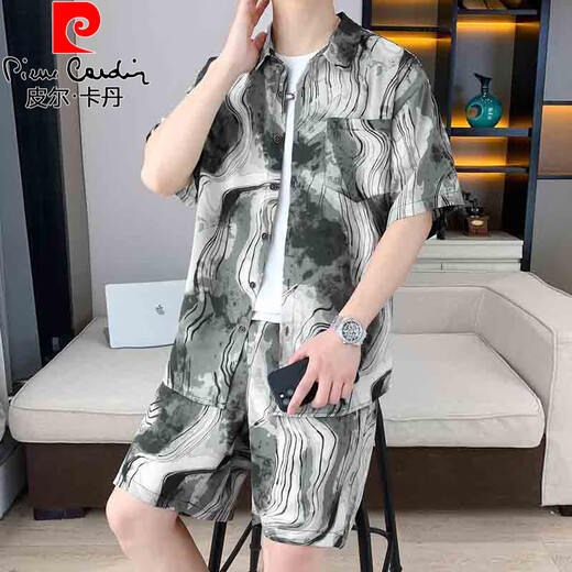 皮尔卡丹（pierre cardin）新中式国风短袖衬衫套装男夏季冰丝薄款半袖衬衣搭配沙滩短裤一套 677粉色套装 3XL 160-175斤
