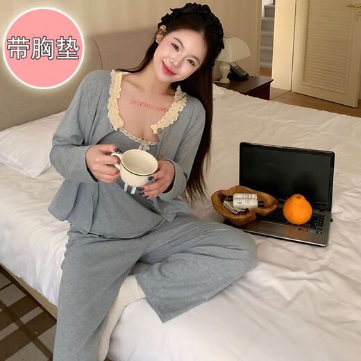 Rongxitu süße und reine Stil-Pyjamas mit Brustpolstern für dreiteiliges Set für Hauskleidung im Freien Frühling und Sommer S681# Grau und Blau 170 m