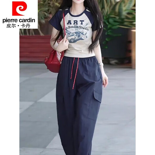 
Pierre cardin European summer short-sleeved sports suit for women 25 years new fashionable and fashionable work clothes wide-leg pants two-piece set to make them look slimming picture color two-piece set M (100-110Jin [Jin equals 0.5 kg])
