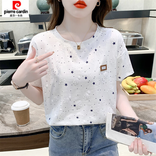 皮尔卡丹（pierre cardin）纯棉印花t恤女短袖夏装2025新款宽松印花设计感百搭体恤上衣潮 1396#白色 S 适合80-99斤