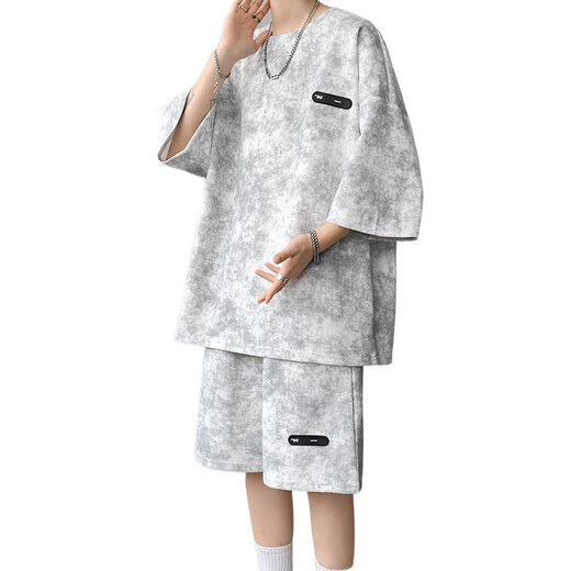
Zhaixing Youth Summer Suit Men's Niche Design Tie Dyeing Clipart Sleeve T-shirt Shorts Fashion Cool Large Size Men's Clothing TZ757 Tie Dyeing White M (Suggested 95-110Jin[Jin equals 0.5 kg]b
