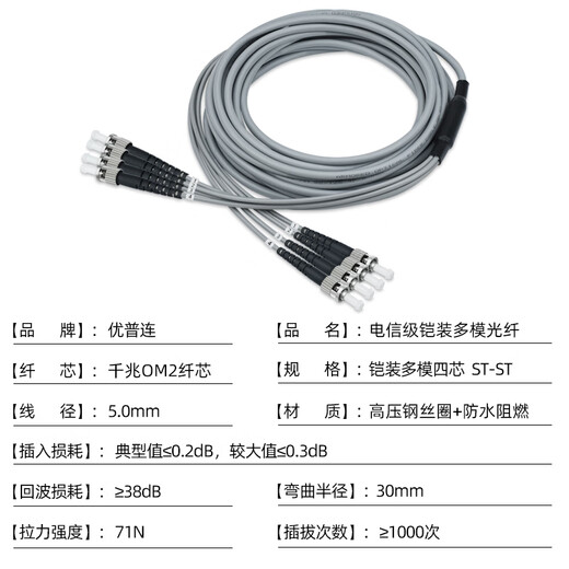优普连 电信级铠装多模光纤跳线LC-LC四六芯八芯ST/SC/FC4/6/8芯软铠带钢圈尾纤防鼠抗拉 铠装多模四芯ST-ST 10米
