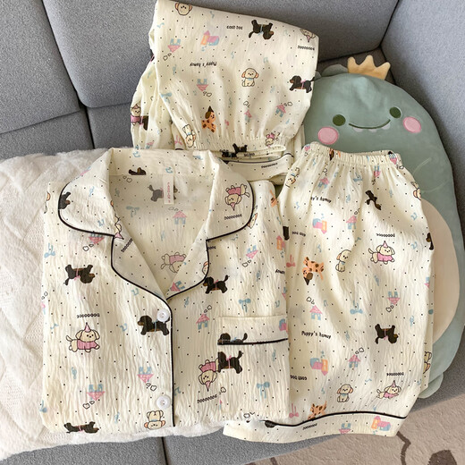 Catman (MiiOW) Crayon Xiaoxin Summer Three-Piece Set Pajamas for Women Pure Cotton Short Sleeve Long Trousers Thin Ins Style Summer Cotton Yarn Home Clothing Yunduo Cotton-9906# Star Puppy Three-Piece Set XL Women [Suggested 115-140Jin [Jin equals 0.5 kg]]