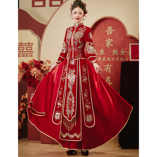 Youzhao XiUhe Hochzeit Braut 2025 Chinesische Hochzeitskleid Hochzeit Toast Hochzeit Kleidung Kleine Hochzeitskleidung Frauen Home Hochzeit Kleidung Hochzeit Kleidung Velvet (New Crown Tiara) Perle Stickerei s