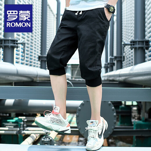 罗蒙（ROMON）五分休闲束脚裤男夏季外穿韩版潮流薄款宽松运动五分中裤哈伦裤潮 210黑色 M