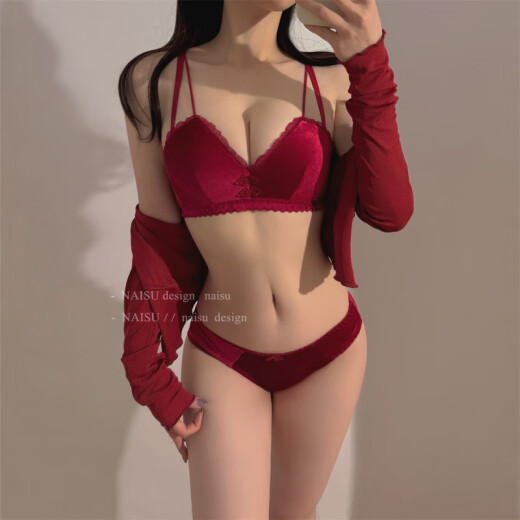 法式丝绒性感红色本命年内衣女小胸聚拢无钢圈舒适保暖文胸罩套装 香槟(套装) MX694 70A 32B(通杯)