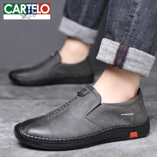 
CARTELO leather shoes men's 2025 new business casual shoes autumn breathable men's shoes soft cowhide bean shoes genuine leather middle-aged dad shoes khaki 6198 38